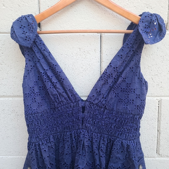 Self-Portrait | Deep V-Neck Broderie-Anglaise Dress in Navy Size 8 - Picture 4 of 15